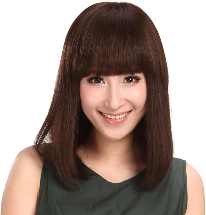 长直发 淑女气质梨花头齐刘海真人发丝假发套jiafa女esz064(亚麻色)