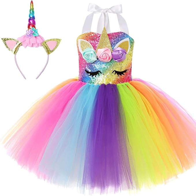 soyoekbt 女孩独角兽服装公主蓬裙连衣裙带独角兽头带,万圣节生日派对