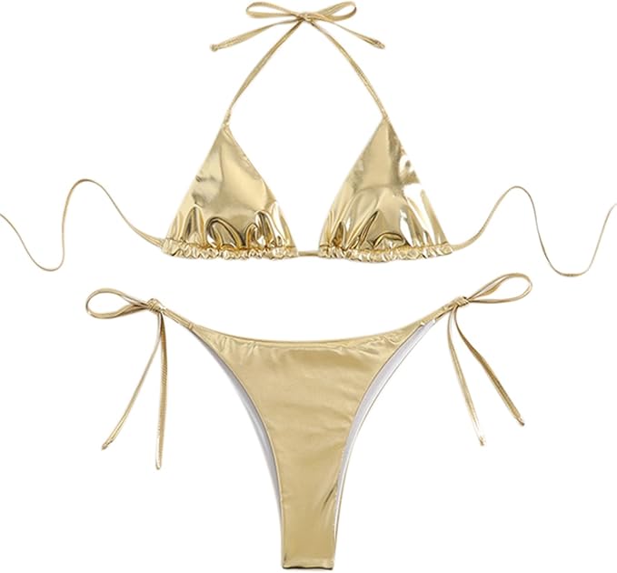 女式闪亮液体金属比基尼套装 2 件套性感挂脖三角泳装系带侧泳衣