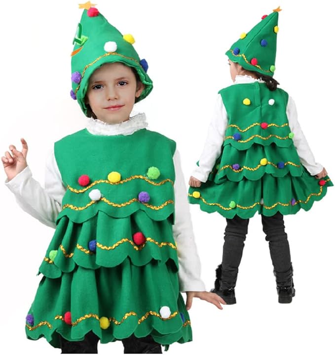 roctocesy 圣诞树儿童服装服装幼儿女孩圣诞树连衣裙和帽子角色扮演