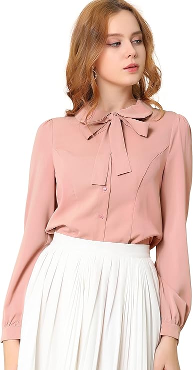 allegra k 女式彼得潘领雪纺衬衫蝴蝶结领泡泡袖纽扣衬衫