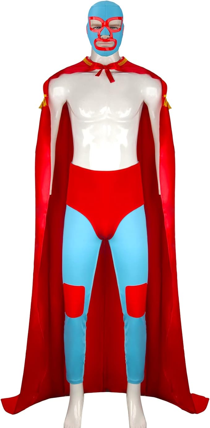 墨西哥摔跤手服装成人男士披风带面具疯狂牧师红色长款斗篷万圣节派对