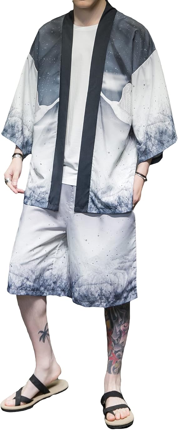 prijouhe 男式日式和服上衣裤子套装轻质休闲七袖开襟开衫和短裤