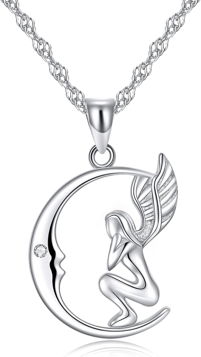 angel wings 女式纯银守护天使翅膀月亮吊坠项链首饰