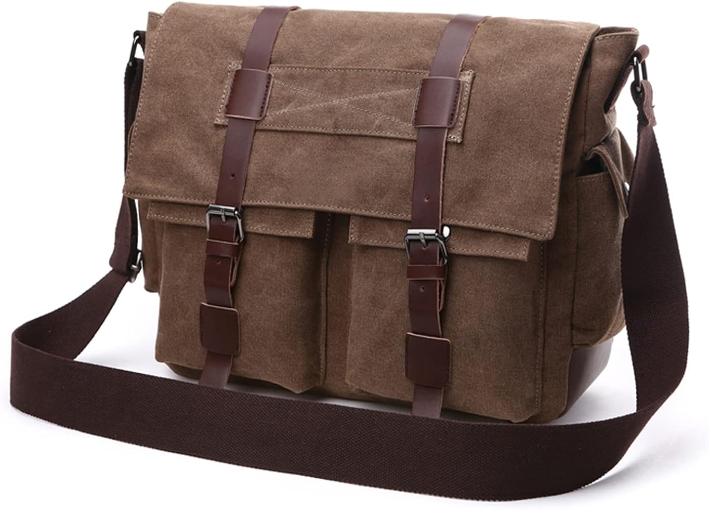 iblue 男士超大号帆布斜挎包,复古皮革饰边单肩包笔记本电脑挎包斜