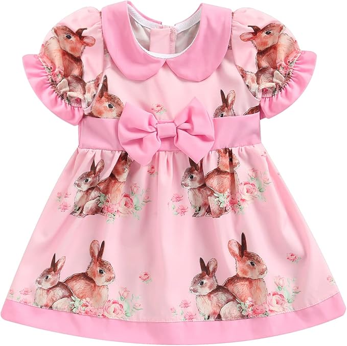 幼童女婴复活节礼服服装兔子印花褶皱公主裙兔子蕾丝蓬裙派对礼服