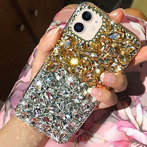 Ykybhx compatible with iPhone Diamond phone case,iPhone silicone phone case,D Flash Rhinester Girl Full Crystal shiny diamond silicone phone case for iPhone, gold transparent