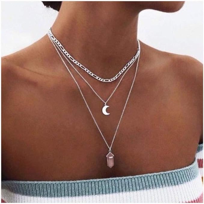hannah 波西米亚水晶分层项链银色短月吊坠项链链首饰,适合女士和女孩