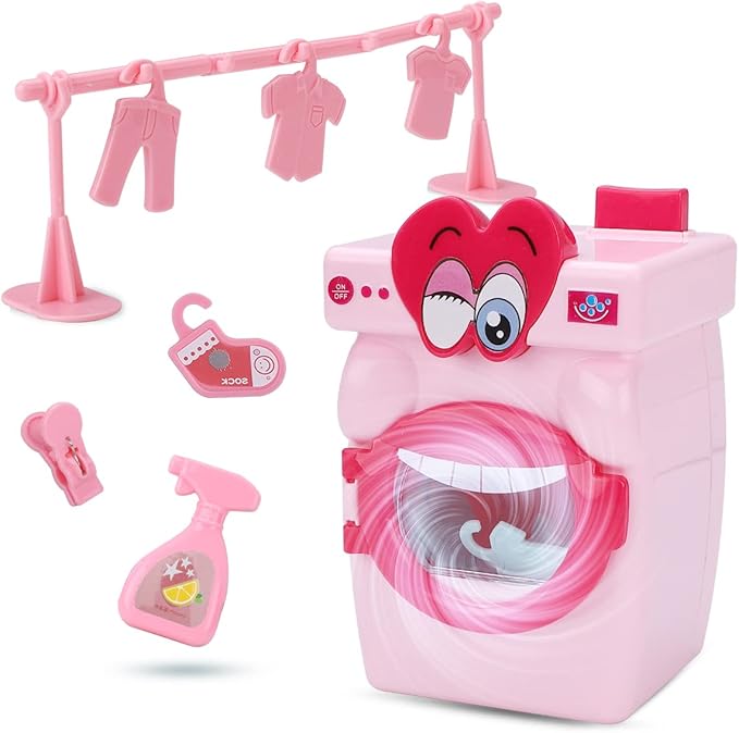 儿童迷你洗衣机玩具手动滚筒玩具电动女孩游戏屋带衣服,洗涤剂(粉色