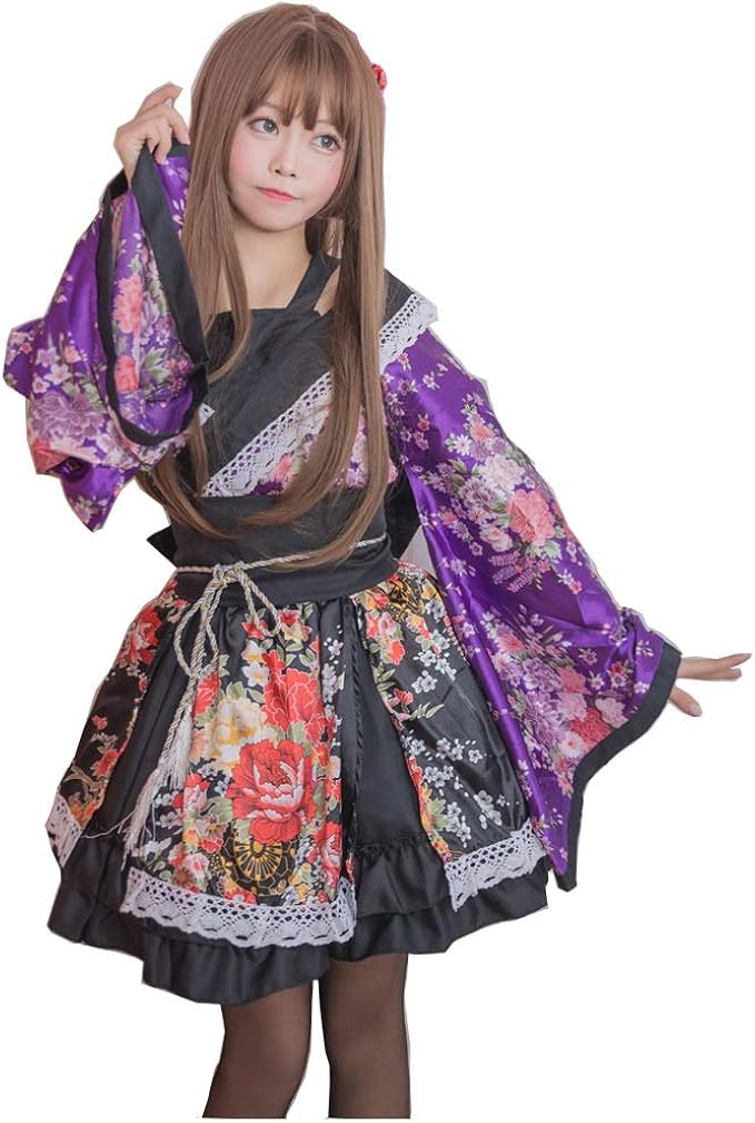 znl 女孩日本和服服装花卉印花华洛丽塔和服女式女仆连衣裙短裙动漫