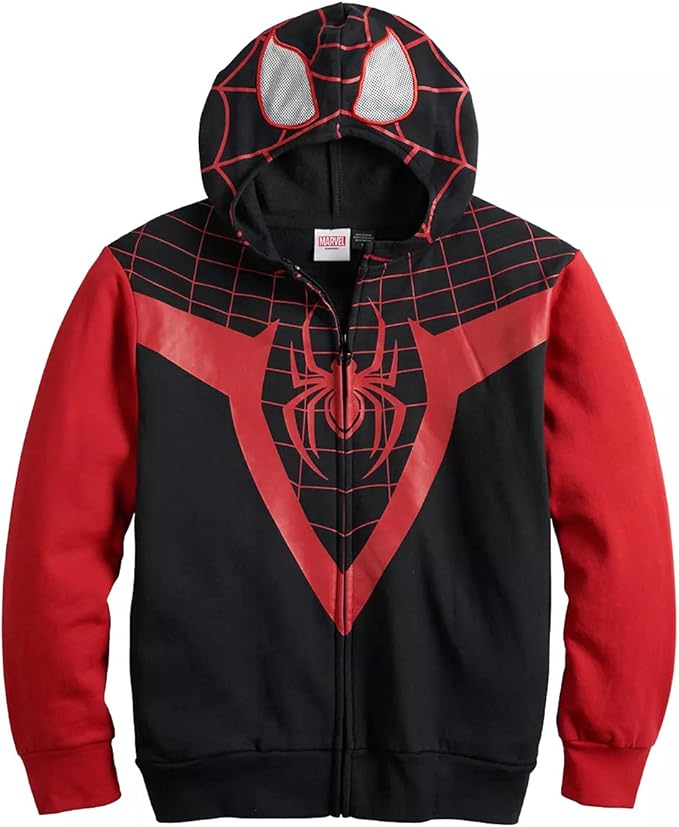 marvel 蜘蛛侠 miles morales 拉链服装男孩青少年运动衫连帽衫, 黑色