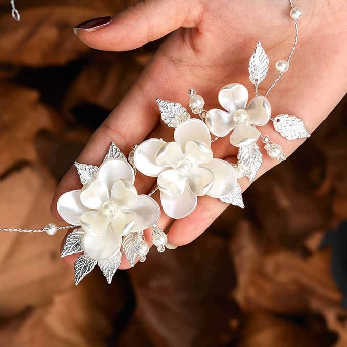 gorais 花朵新娘婚礼*藤叶新娘头饰珍珠发饰适合女士和女孩(银色)