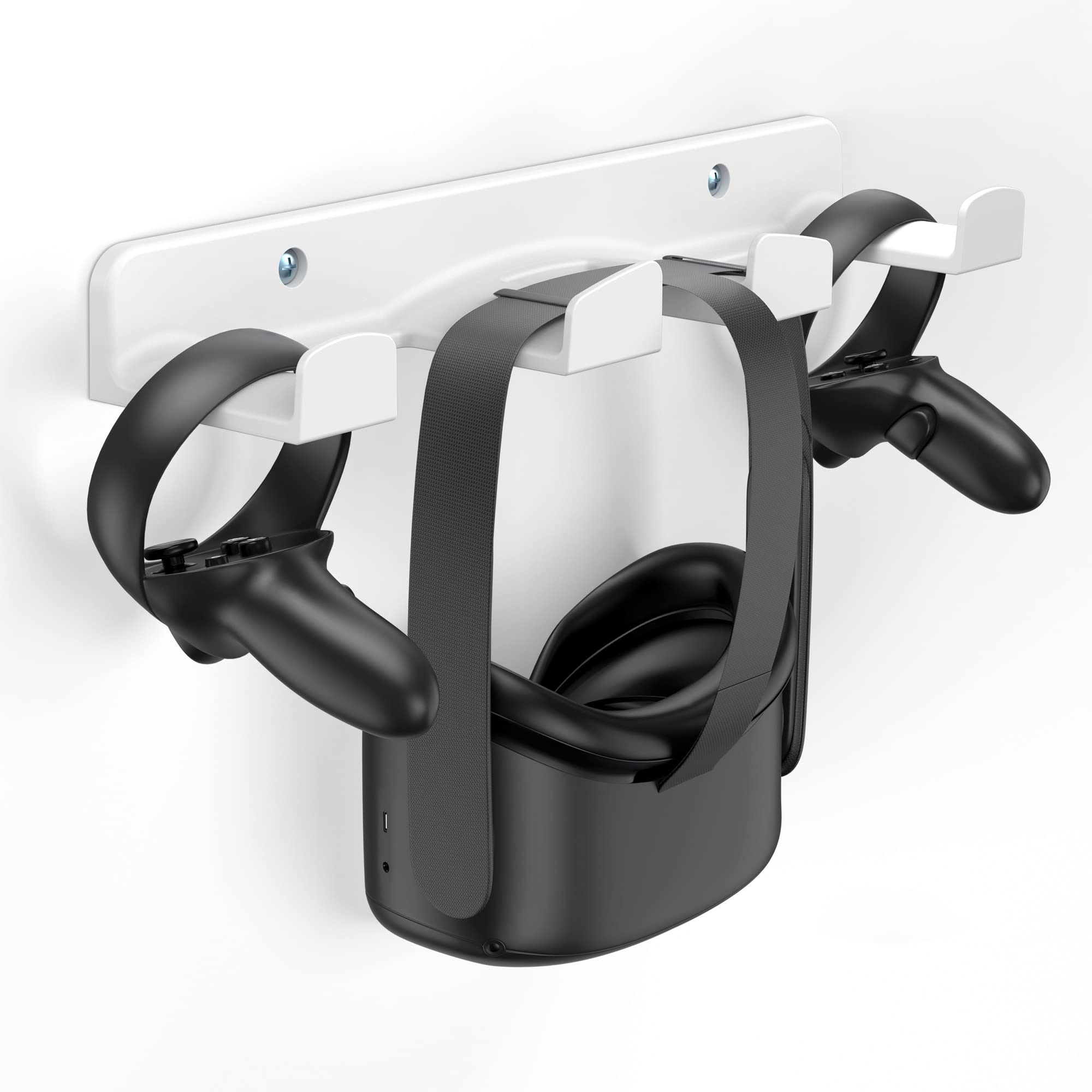 HomeMount VR wall-mounted memory Stand hook for Meta/Oculus Quest 2/Quest/Rift/Rift S/ Valve Index /HTC Vive/HP Reverb G2/Playstation VR Headset, game controller hanger to save space (white)