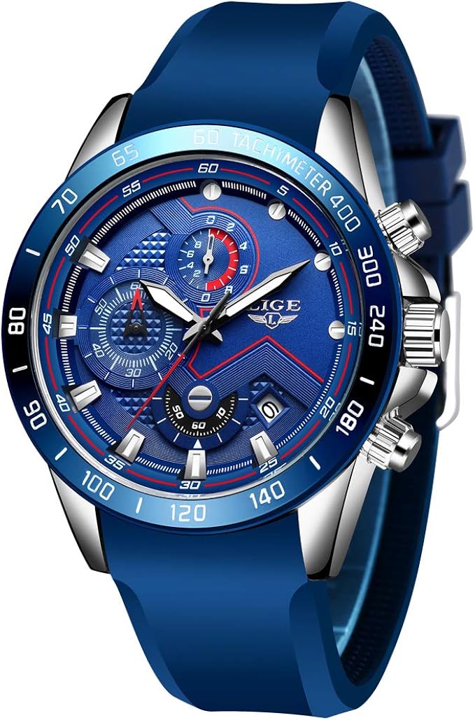 lige 男士手表优雅硅胶表带手表防水军事计时商务模拟石英手表男士