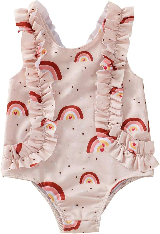 幼儿新生儿 儿童 女婴 泳衣 褶皱无袖吊带沙滩装 彩虹连体比基尼泳衣