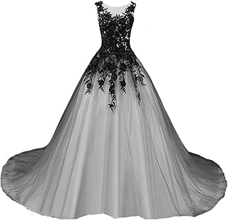 kivary 哥特式灰色薄纱长款黑色蕾丝透明船形舞会婚纱