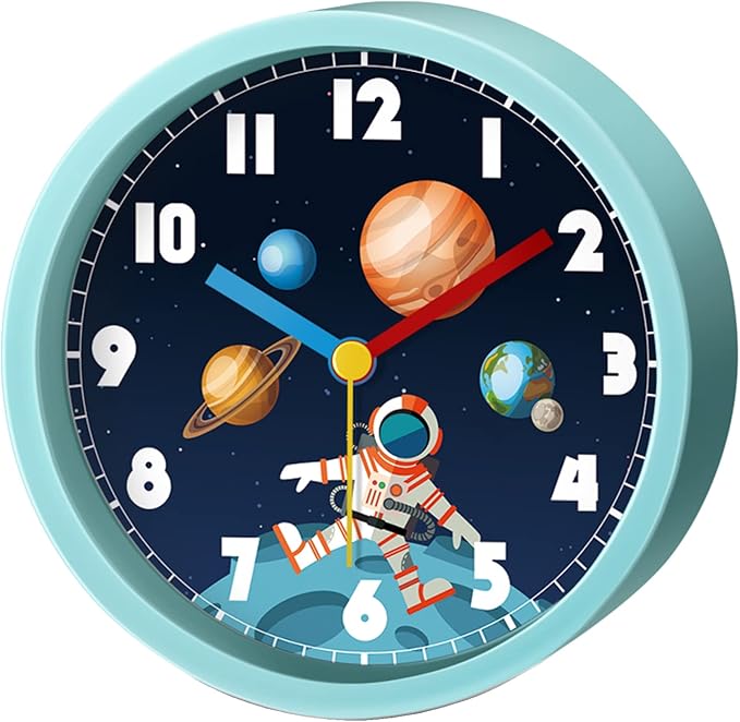 儿童桌面闹钟,空间旅行主题装饰时钟卧室床头桌架,静音无滴答时钟电池