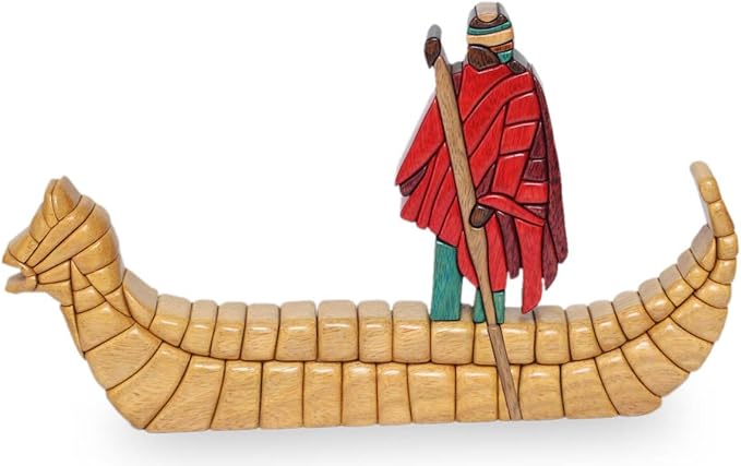 novica 装饰木雕塑,多色可选,23.75 厘米高"reed boat"
