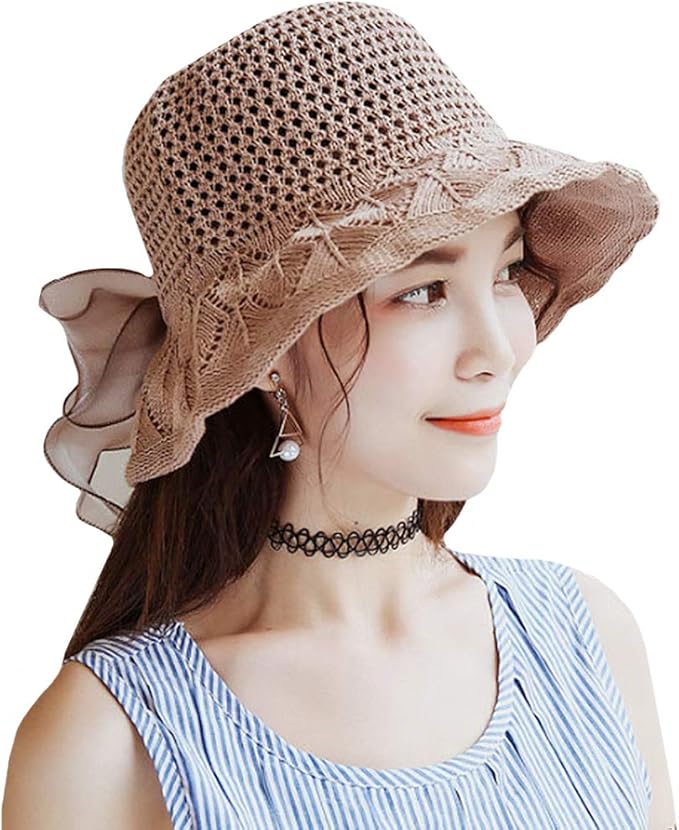 kennedy 女士女孩棉质钩针编织帽檐太阳帽时尚渔夫帽蝴蝶结蕾丝阴影