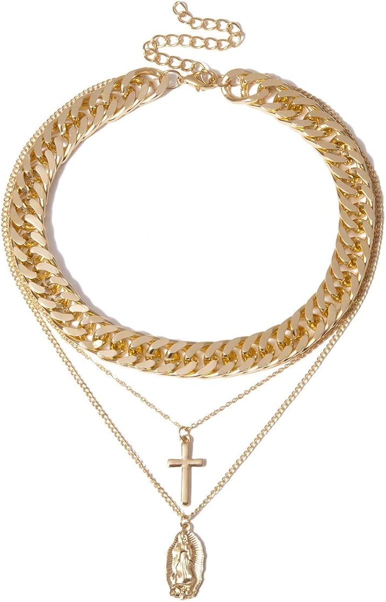 厚链项链 3 层十字架耶稣基督吊坠镀金颈链 男女适用