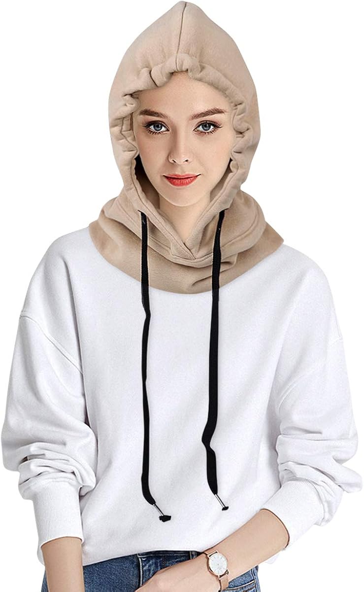 gerinly 棉质连帽围巾户外纯色无限围巾防风帽带拉绳