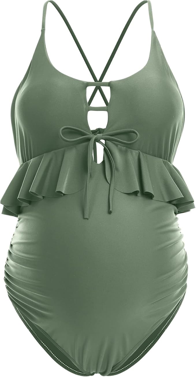 imekis 孕妇泳装女式一件式褶皱细肩带孕妇泳装露背孕妇泳衣