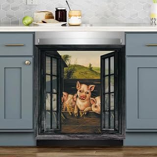 farmhouse pig 洗碗机磁贴贴纸,农场猪冰箱磁性贴纸,趣味农场窗户冰箱