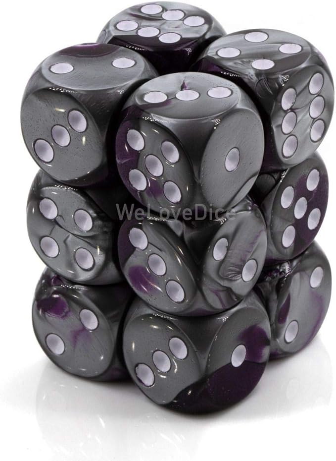 d6cube16mmgemini#2 pustwh(12) d6 16mm purple &amp; steel w