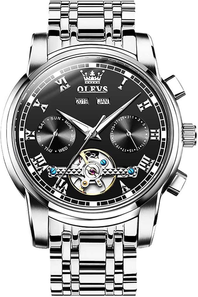 olevs 男式手表自动机械豪华手表防水自上链月相日期计时不锈钢夜光陀