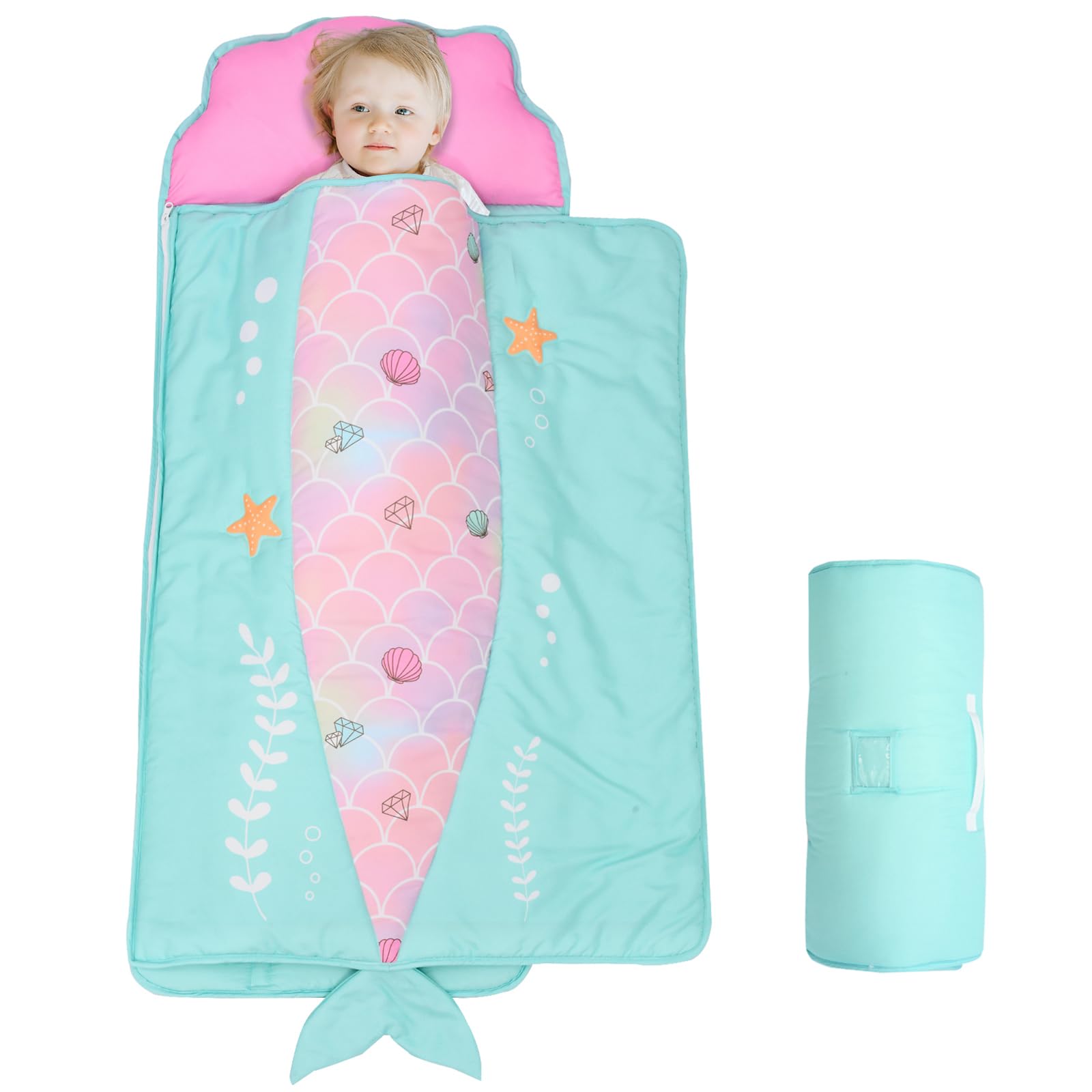 Cloele Toddler Nap Pad with Detachable Pillows and Blankets - Pink Mermaid Toddler Sleeping Bag -48 x 20 Roll Portable Toddler Sleeping Pad Suitable for Toddler Girls Preschool Day Care Travel Sleepin