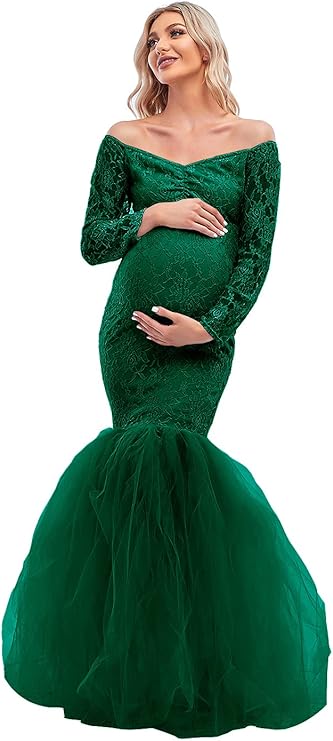 ziumudy 孕妇连衣裙摄影露肩蕾丝修身孕妇礼服美人鱼蓬裙长袖连衣裙