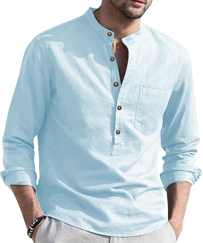 mocicoco 男式亚麻亨利衬衫长袖休闲沙滩衬衫 v 领棉质纽扣口袋上衣