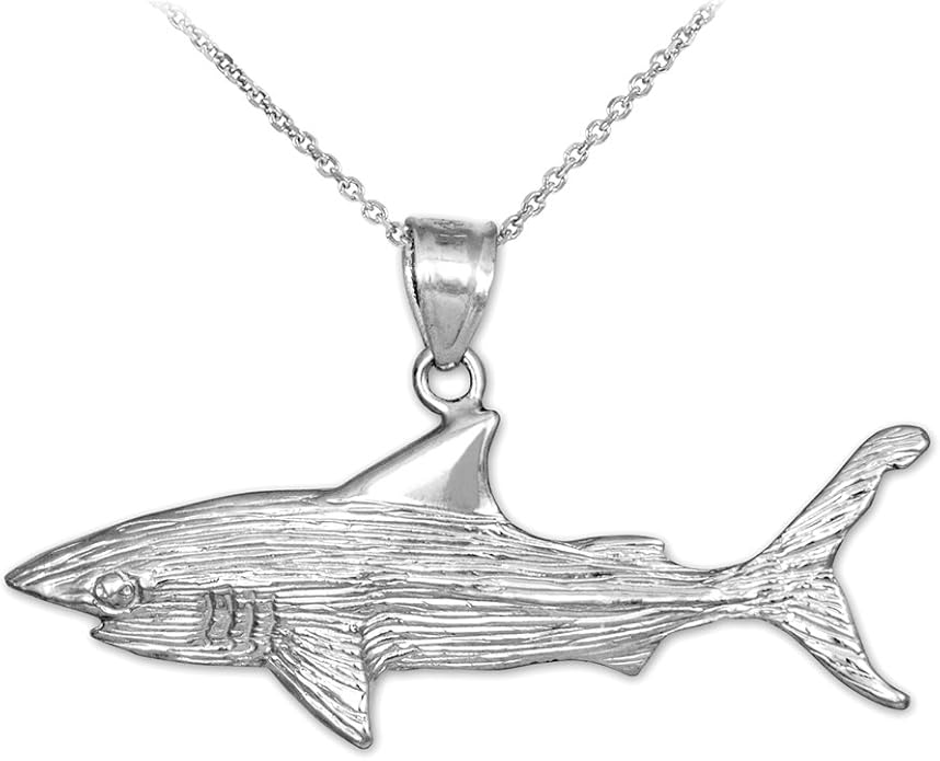 sea life collection 925 纯银纹理魅力白色鲨鱼吊坠项链