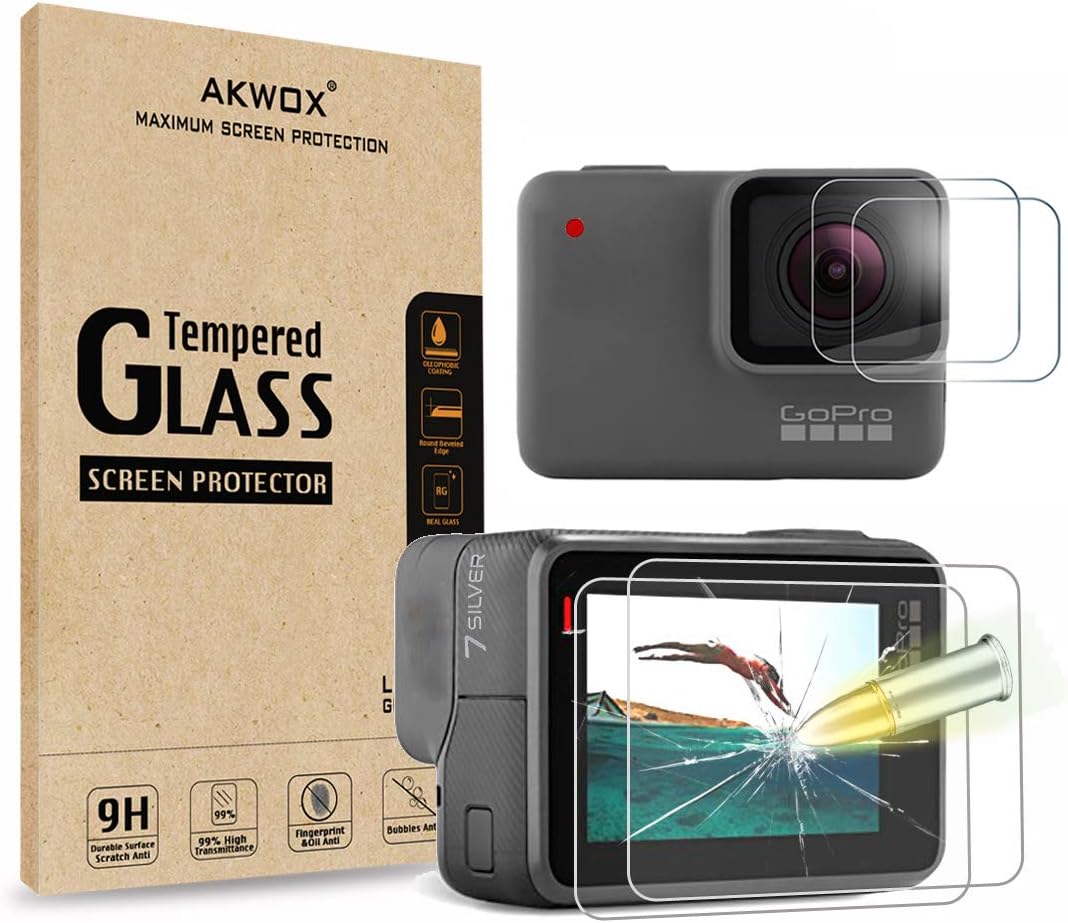 4 件装 Gopro Hero 7 的akwox 屏幕保护膜白色 Gopro Hero 7 银 版钢化玻璃屏幕保护膜 钢化玻璃镜片保护膜配件适用于go Pro Hero7 白色hero7 银色