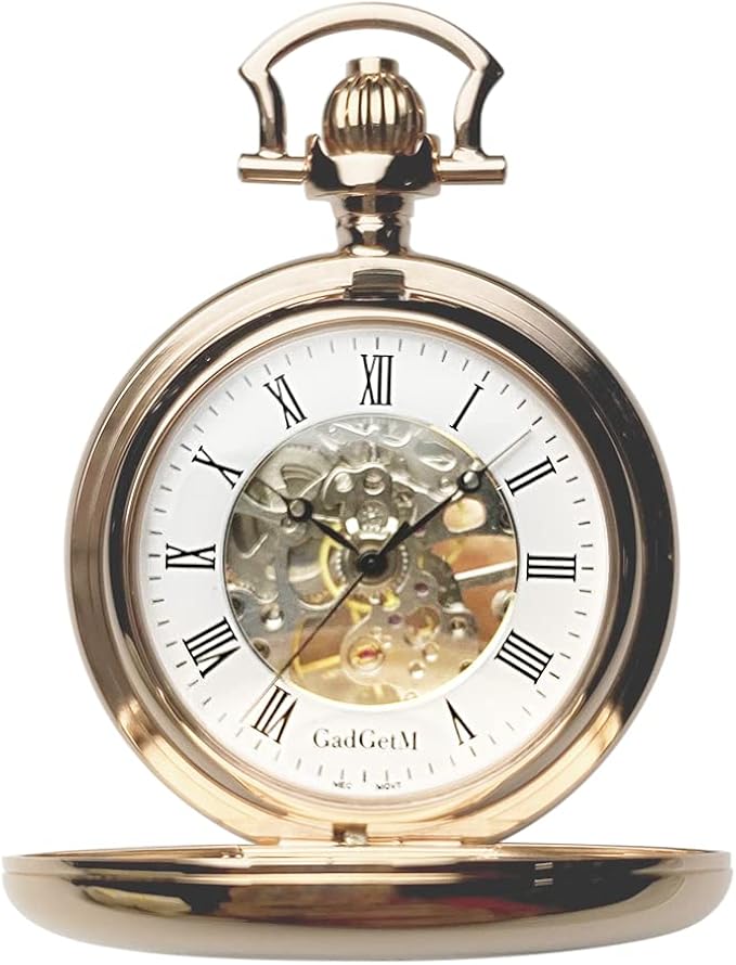 gadgetm 男式玫瑰金双色半双猎人 17 宝石机械怀表白色罗马镂空表盘配