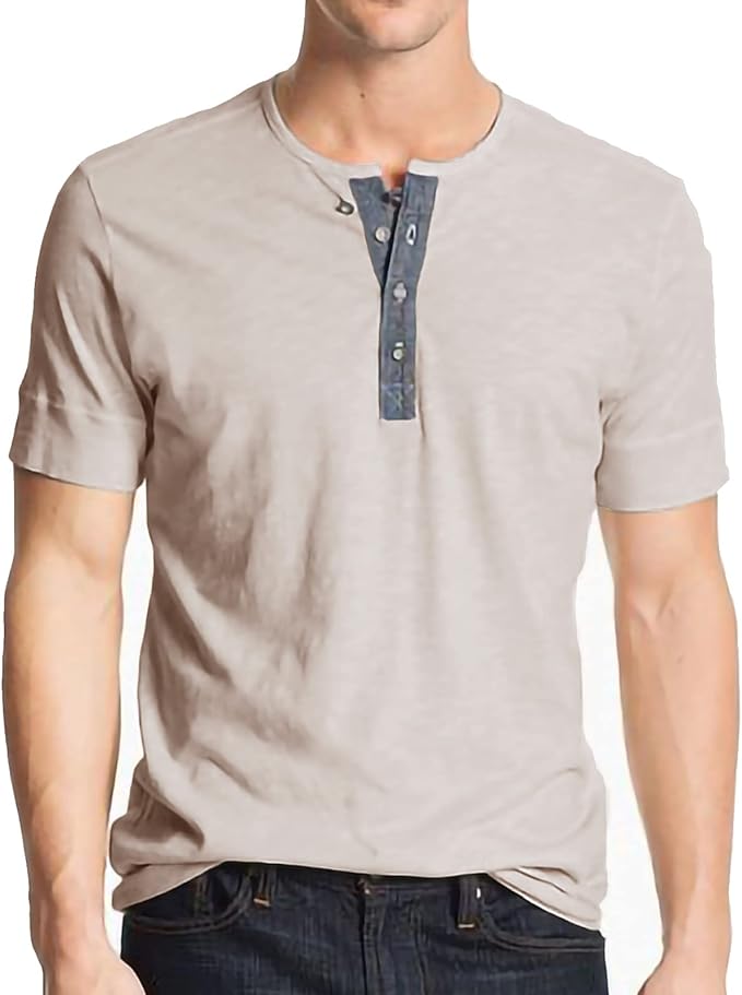 男式短袖时尚亨利衫前门襟插肩纽扣休闲 t 恤棉质纯色上衣 【angbater