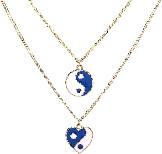 双层珐琅阴阳吊坠项链链心形图案太极圆形拼图图锁骨链项链幸运首饰