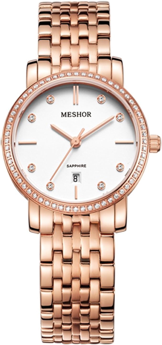 meshor 名梭 瑞士进口石英表 精钢表带 时尚日历女士手表-玫瑰金色