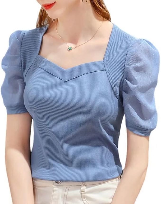 女式透明蕾丝网眼泡泡袖优雅纯色上衣 v 领修身 t 恤.