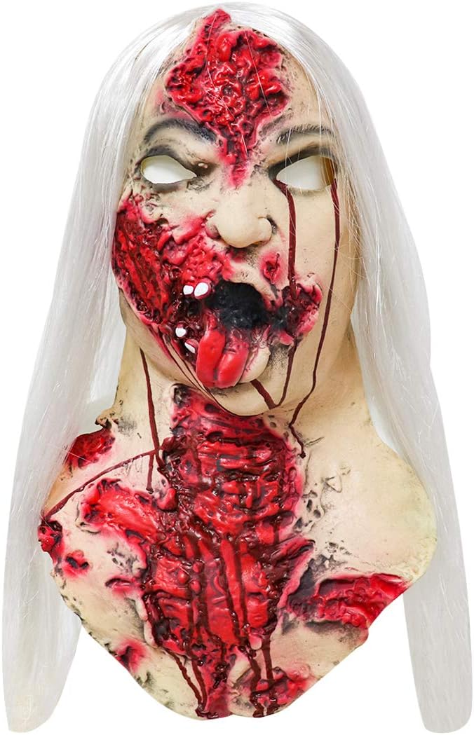 恐怖尖叫面具令人毛骨悚然的僵尸吸血鬼恐怖魔鬼面具带长发老女性面具