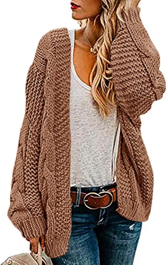 ferrtye 女士开襟开衫粗线针织粗短长袖休闲毛衣