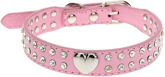 ewandastore 可爱 2 行水钻闪亮心形镶嵌皮革狗项圈适合小型或中型犬