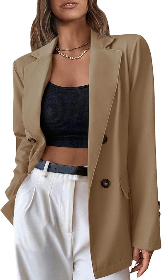 女士休闲西装外套双扣翻领长袖办公室商务服装 【ivay】 服饰箱包 - 