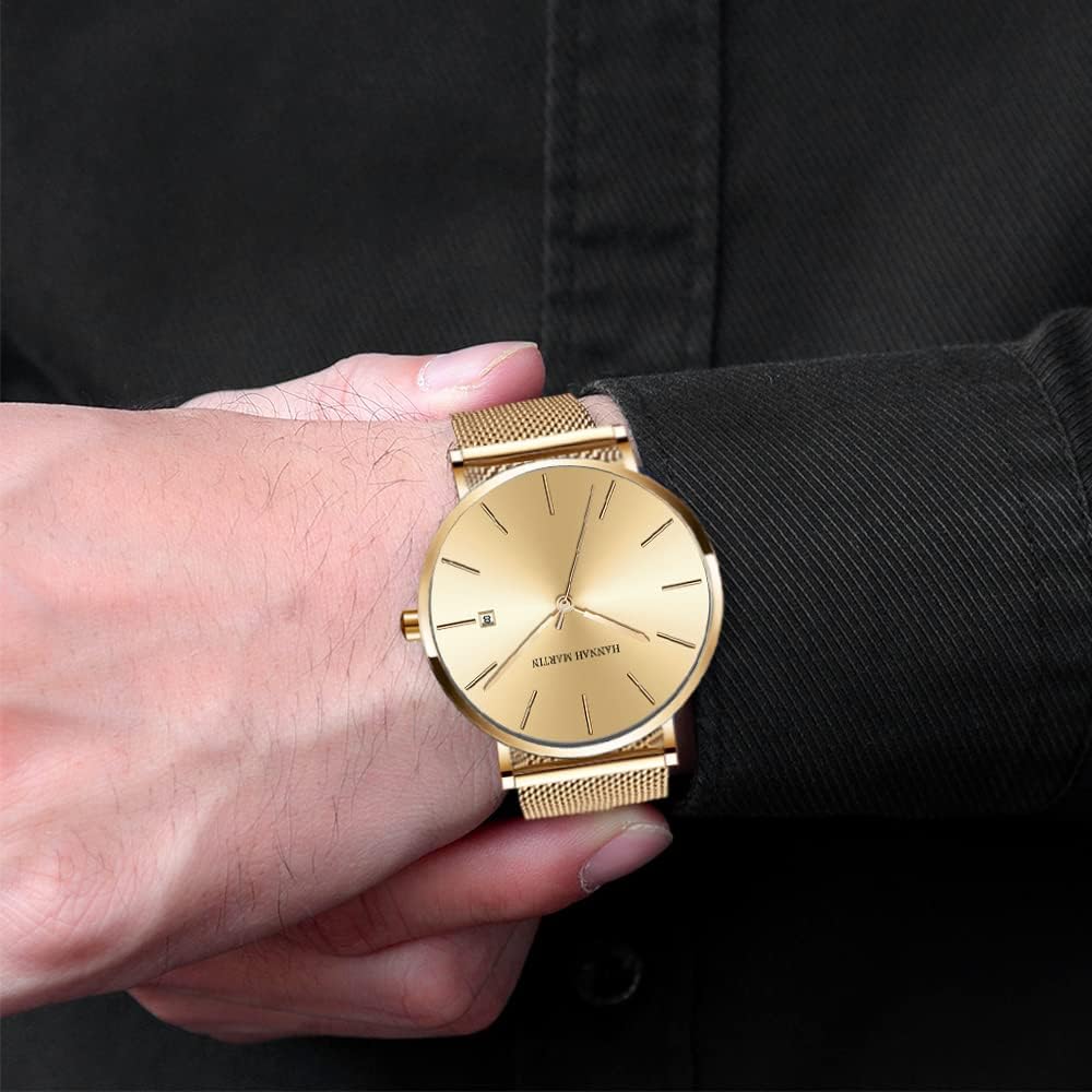 hannah martin 时尚男士手表日历商务风格手表, 金色 : 亚马逊中国