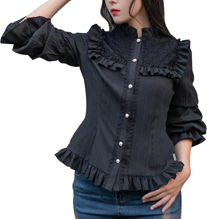 nuoqi 女士 lolita 蕾丝立领荷叶边衬衫复古维多利亚女衬衫