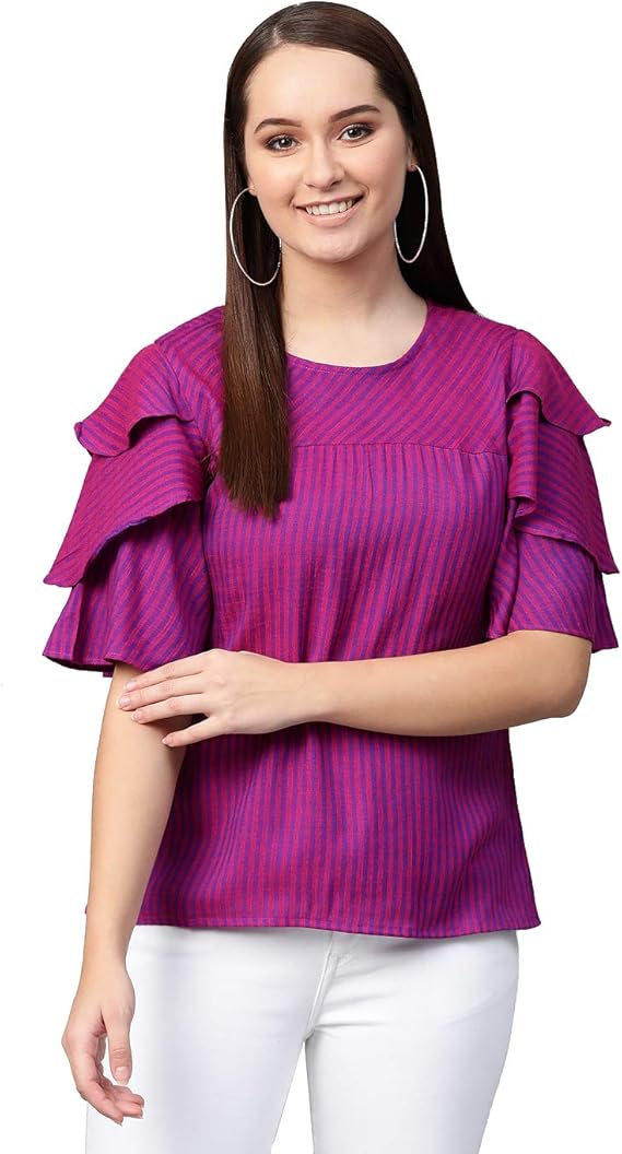粘胶纤维条纹常规印度束腰女式上衣(紫色)
