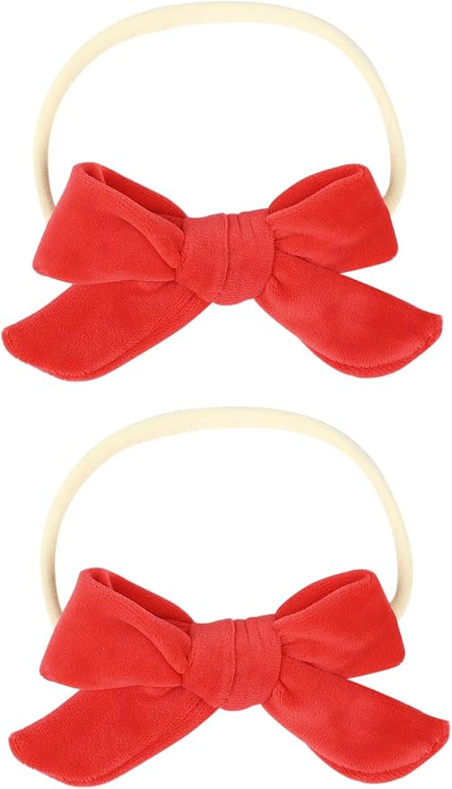 2 件女婴蝴蝶结头带天鹅绒弹性发带新生儿婴幼儿儿童发带头饰(红色)