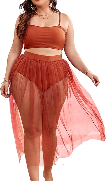 女式 3 件套加大码高腰比基尼和网眼沙滩罩裙泳衣套装