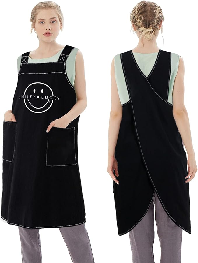 女士围裙带口袋,棉麻围裙交叉背部烹饪围裙男女 s-xxxl