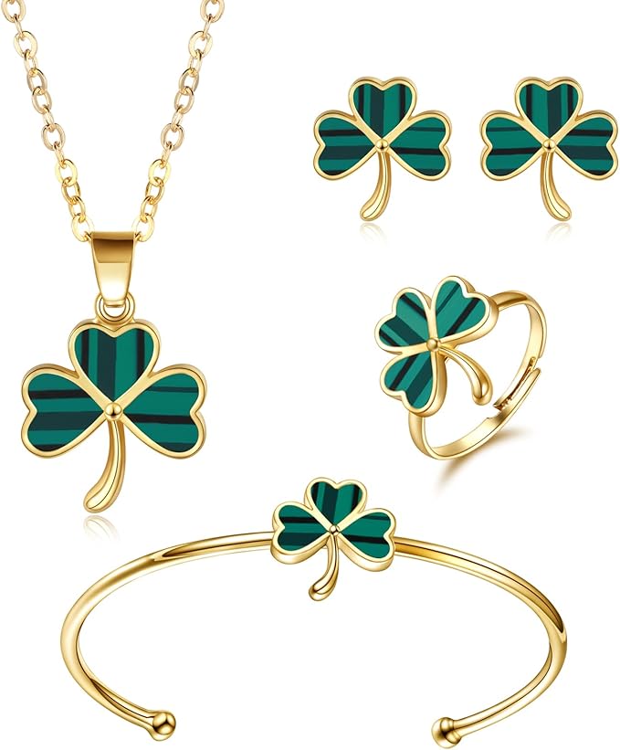 三叶草圣帕特里克节项链耳环戒指手链首饰套装*三叶草心形三叶草首饰